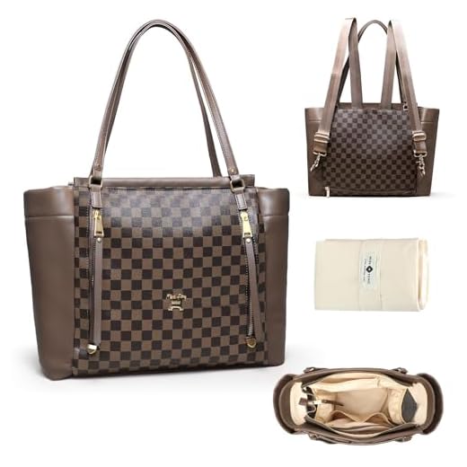 miss fong Checkered Diaper Bag Tote Leather Diaper Bag Backpack, Large Capacity Mommy Bag Hospital Bag, 12 Pockets Travel Diaper Tote with Changing Pad for Mom Plaid Tote Bag for Women-Coffee