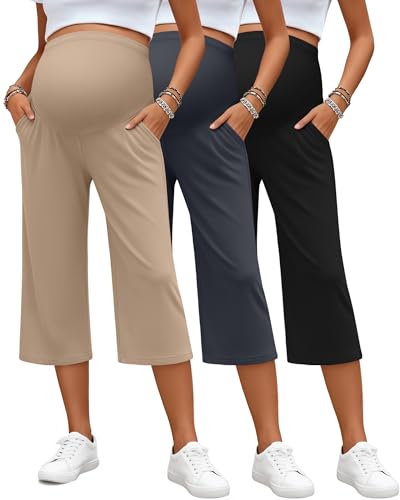 Sweetyweee 3 Pack Womens Maternity Capris Over the Belly Pregnancy Cropped Pants High Waisted Adjustable with Pocket(Black Charcoal Gray Khaki XX-Large)