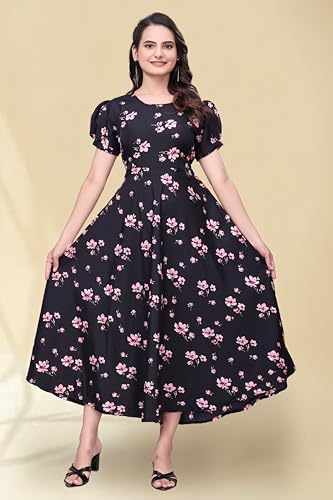 Image of Women's A-Line Crepe Maxi Dress | Stylish Fit and Flare Dress with Round Neck Short Puff Sleeves for Casual Wear