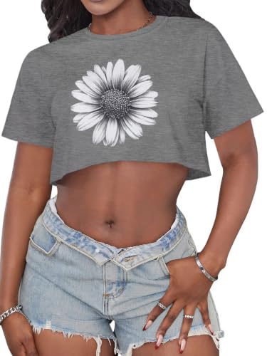 Image of Crop Tops for Women Oversized Short Sleeve T Shirts Crew Neck Cropped Tees