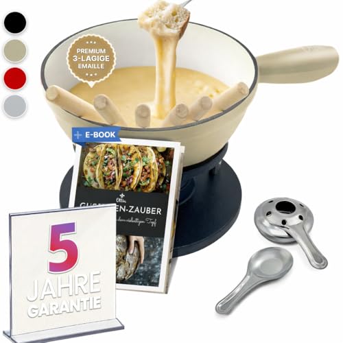 Ottia Fondue Set für 2, 3, 4, 5, 6 Personen aus Gusseisen & Emaille. Als Käsefondue, Fleischfondue, Schokofondue. Induktion geeignet, Schadstofffrei, mit Brenner+Gabeln+Rezeptbuch, Fondü-Set aus HH