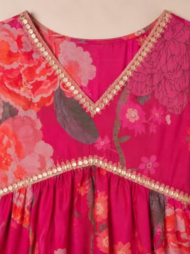 Image of Preneum Girls's Cotton Rayon Gota Pati Multi Floral Printed Angrakha Kurta with Sharara & Dupatta