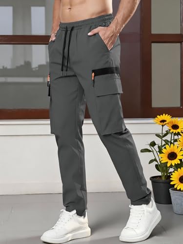 Calça cargo masculina, perna reta, caminhada, treino ao ar livre com bolso, Cinza escuro, G