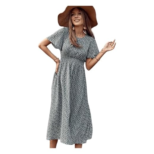 Floerns Women's Short Sleeve Boho Floral Dress A Line Smocked Midi Dress A Green Multi M