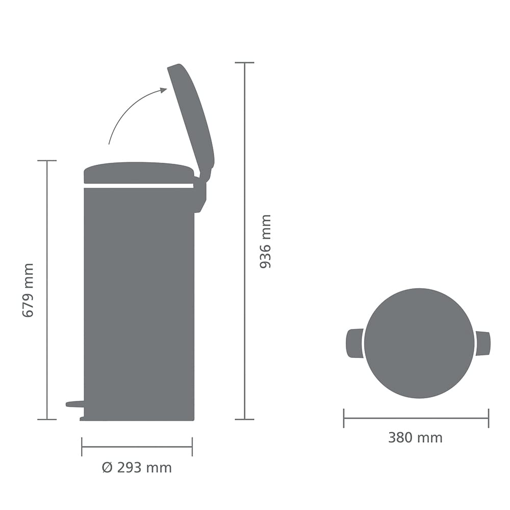 Diagram showing the dimensions of the Brabantia newIcon Pedal Bin, including height, width, and depth measurements.