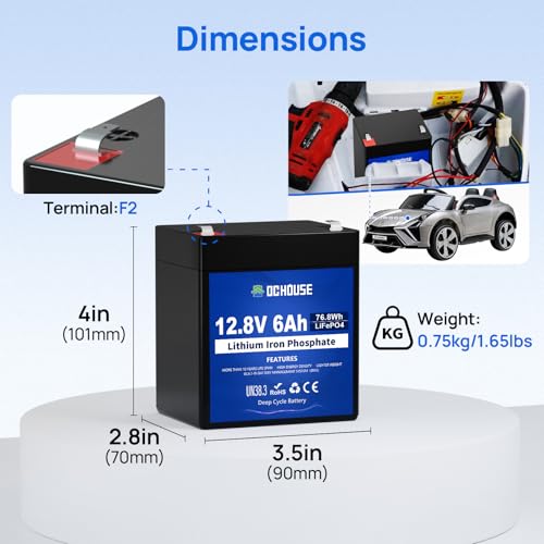 DCHOUSE 12V 6Ah LiFePO4 Batterie mit 4A Batterie Ladegeräte, BMS-Schutz für Wohnmobile, Solarpanel, Camping