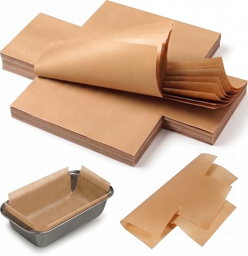 TOPPERFUN 50/100Pcs Mini Loaf Pan Liners for Baking Bread, 6x3in Non-Stick Pre Cut Unbleached Parchment Paper, Disposable Sourdough Loaf Bread Liners for Baking Toast, Cakes, Cookie, Banana, Brown