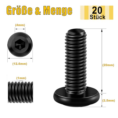 Pack of 20 M6 x 20 Flat Head Screws Hexagon Socket Stainless Steel A2 V2A Full Thread Black Oxide with Hex Key - Image 2