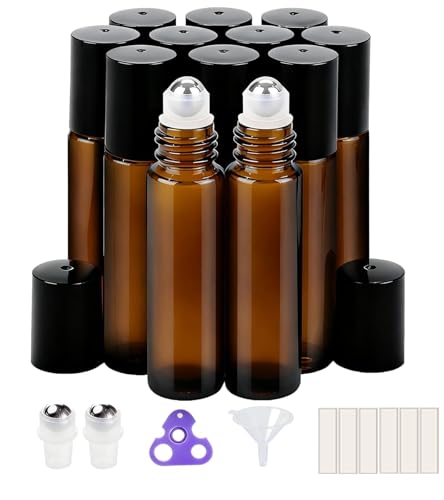 PrettyCare 12-Pack Roller Ball Applicator- Amber Glass Roller Bottles for Essential Oil with Stainless Steel Roller Ball - 10 ml Refillable Leak-proof Empty Roll on Bottles with Caps for Perfume