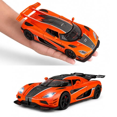 Image of 1:24 Scale Koenigsegg One:1 Diecast Model Car with LED Lights & Engine Sound | Premium Metal Body | Openable Doors via Roof Button | Realistic Collectible Toy for Kids & Adults-Orange