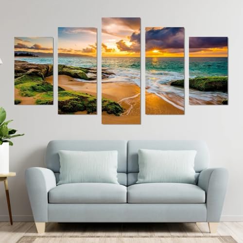 Plage d'Hawaii en tableau salon grand format 5 parties pour évasion quotidienne