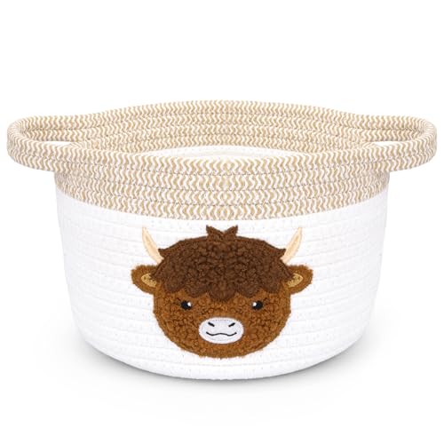Highland Cow Gift Basket - Small Woven Cotton Rope Organizer Basket for Nursery Pet Toys & Baby Shower Foldable Decorative Bin with Handles (7.8x6in)
