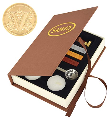 Samyo Wax Seal Stamp Kit Retro Creative Sealing Wax Stamp Maker Gift Box Set Brass Color Head With Vintage Classic Alphabet Initial Letter (V) #TOP8