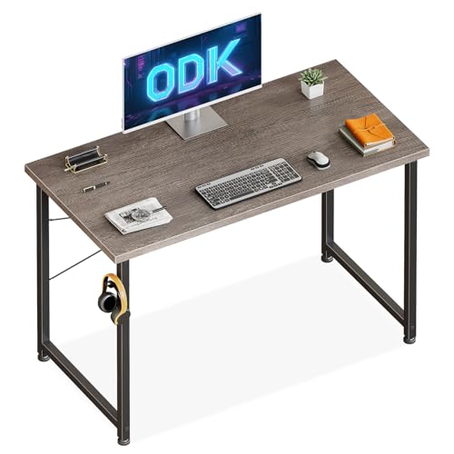 ODK Kleiner Schreibtisch, 100×48cm Computertisch Bürotisch Mit Kopfhörer Halter Und Aufbewahrungstasche, Schreibtisch Klein Arbeitszimmer Holz PC Tisch Officetisch Für Home, Office, Grau