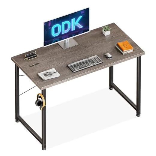 ODK 100×48 cm Desk, Small Computer Desk for Home Office, Study Office Table with Headphone Hooks for Small Space, Easy Assembly, Grey