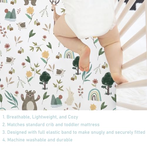 Image of Spring Animals Fitted Baby Crib Sheet for Boys Girls 52 inchx28 inch Bear Deer Bunny Birds Trees Flower Leaves Soft Stretchy Nursery Bed Sheets Fits Standard Crib and Toddler Bed Mattresses