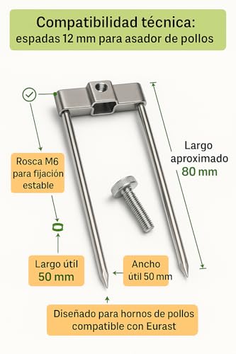 Pincho asador con tornillo para evitar deslices de pollos en espadas de 12mm de hostelería 3
