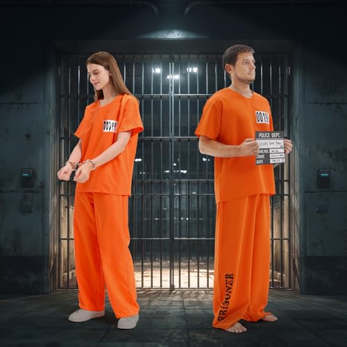 Prisoner Costume Men Women, Orange Jumpsuit with Handcuffs, Mug Shot Sign & Number Stickers, Inmate Costume for Halloween (M) by WooWee - Used condition - Image 5