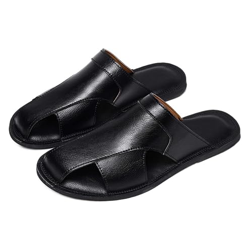 Mens Premium Genuine Leather Slide Sandals, Fashion Casual Mens Slide Sandals, Rubber non-slip sole, soft and lightweight shoes.3