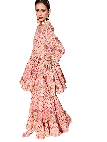 Image of ishin Women's Cotton Peach Embroidered Anarkali Peplum Kurta set With Sharara And Dupatta