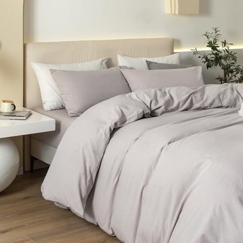 JIYUAN 100% Washed Cotton Duvet Cover Set 3 Pieces Super Queen, 1 Duvet Cover 90x98 Inches(Comforter Not Included) and 2 Pillowcases,Linen Feel Bedding Set Comfy and Breathable, Heathered Linen