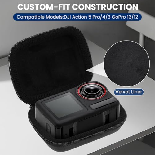 Image of ZORBES Compatible with Action 6 /5 Pro /4, Action Camera Carry Bag PU Hard Shell Travel Case Bag with Carabiner, Custom-fit Velvet Liner Storage Case, Outdoor Waterproof Action Camera Bag, 9.5x7x4.6cm