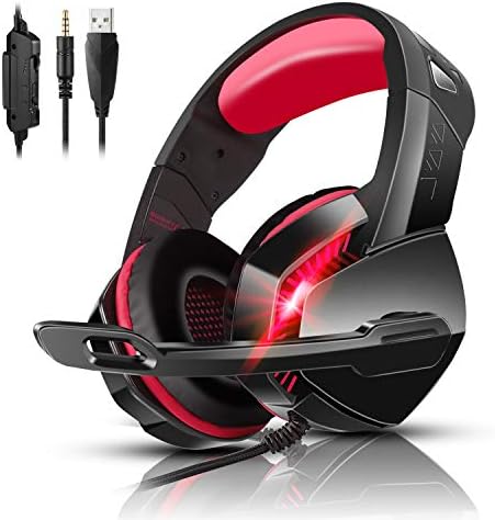 PHOINIKAS PS4 Gaming Headset with 7.1 Surround Sound, Xbox One Headset with Noise Canceling Mic & LED Light, H3 Over Ear Headphones, Compatible with Nintendo Switch, PC, PS4, Xbox One, Laptop (Red)