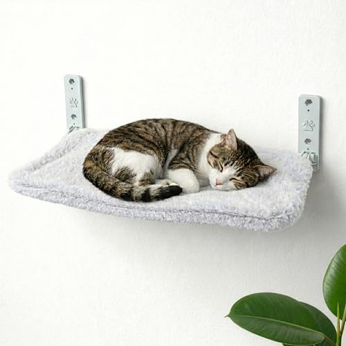 OtterPets Cat Wall Bed with Ultra-Soft Plush Cover Foldable Cat Wall Hammock Shelf Bed with 35 lb Metal Support Removable Washable Fabric Hardware for All Walls (Light grey fabric and White metal)