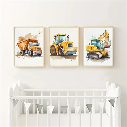 Uixxducc 3er Set Bilder Poster Kinderzimmer Baufahrzeuge Baumaschinen Bagger Bilder Set Junge Mädchen Wandbilder Deko Babyzimmer Kinderbilder Premium Ohne Rahmen