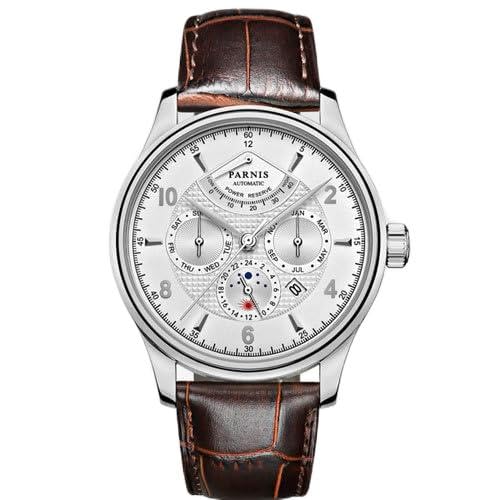 Watches - PARNISs 26 Jewels Luxury 42mm Moon Phase Automatic Men Watches Leather Strap Miyota 9100 Blue DIal Power Reserve