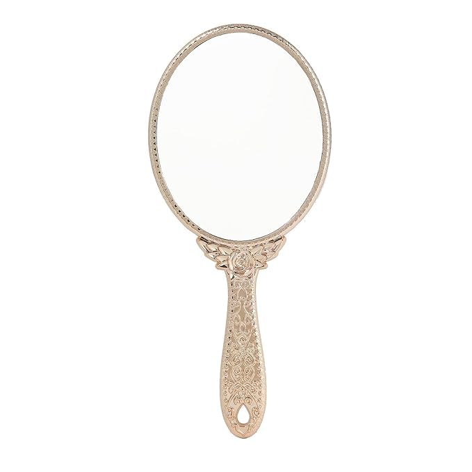 Glass Hand Mirror Makeup Mirrors Vintage Handheld Decorative Personal Vintage Cosmetic Travel Mirrors Oval Embossed Flower Mirrors with Handle for Women Rose Gold-image-4