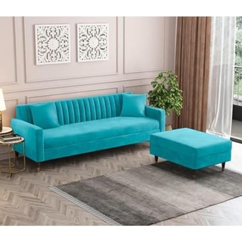 Image of 4 Seater Sofa Set with Two Cushions Perfect for Home Office Guests Living Room (Sky Blue, 4 Seater)