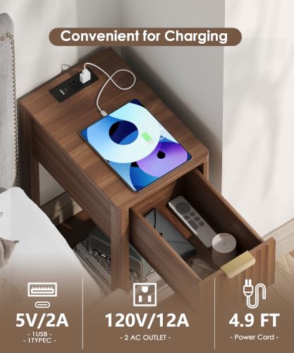 Image of Akxomel Narrow Nightstand Set 2 with Charging Station Fluted Table Walnut