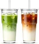 INSETLAN 20oz Coupe en verre clair avec lis et paille de verre, ensemble de 2 Gobelets en verre épais, verres à boire avec paille pour smoothie, thé, lait, whisky, eau et plus – Élégant & Durable
