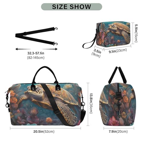 Large Travel Duffel Bag, Sea Turtle Vintage Sports Tote Gym Bag, Shoulder Weekender Overnight Bag for Women Men, Carry On Luggage with Toiletry Bags3