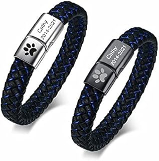 LiFashion Personalized Pet Memorial Bracelet for Men,Stainless Steel Black Blue Braided Leather Custom Pet Paw Cuff Bangle,Free Engraving Dog Cat Pawprint Memorial Gift for Pet Lover,Pet Owner