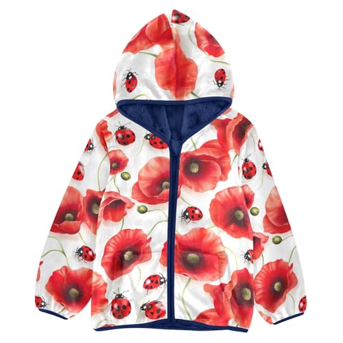 CHIFIGNO Cute Fleece Jacket for Boys Red Poppy Flowers Ladybirds Winter Jacket Boys' Fashion Hoodies Sweatshirts with Pockets for Toddler and Kids, 4T
