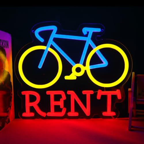 Image of Bicycle Rental Neon Sign for Wall Decor, Dimmable Bike Rental Shop Store Office illuminated Display LED Light, Red and Yellow Neon Lights for Bicycle Shop (Red)