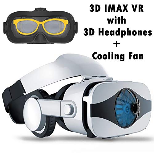 VR Headset Virtual Reality Goggle w/Headphone & Fan for 3D Movie Game, VR Glasses Compatible for iPhone Xs MAX XR X 8 7 Plus Samsung Galaxy S9 S8 S7 Edge Note 5 4 3 LG G7 G6 G5, 360 VR Viewer White