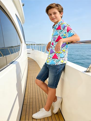 Image of uideazone Boys Hawaiian Shirts Novelty Printed Funky Short Sleeve Button Down Shirt Kids Aloha Luau Shirt 7-14T