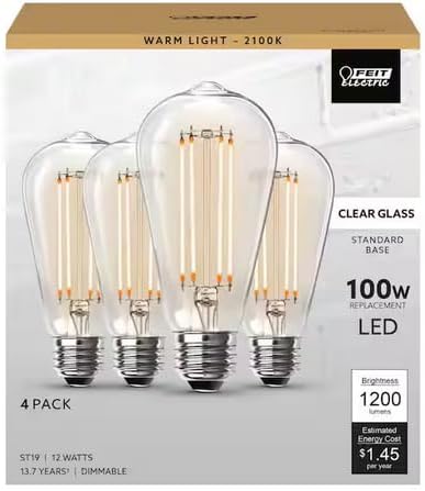 Feit Electric 100-Watt Equivalent ST19 Dimmable Straight Filament Clear Glass E26 Vintage Edison LED Light Bulb, Warm White (4-Pack) ST19100/CL/LED/4