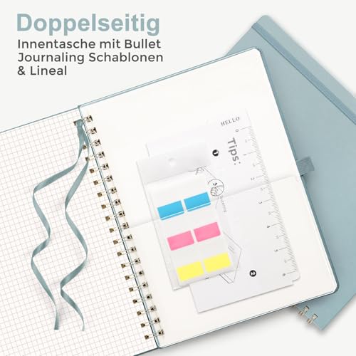 RETTACY Notizbuch A4 kariert, Bullet Journal mit 100 g/m² Dickem Papier, 55 Blatt, Collegeblock für Büro und Schule, Lederhülle, Grau-Blau, 21 cm x 29.7 cm
