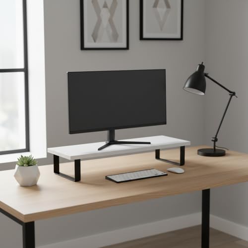 Image of flux Monitor Stand Wooden | Monitor Stand Riser | PC Stand For Desktop Table | Non Slip, Material: Particle Board & Metal (White )