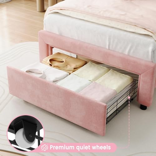 Image of Velvet Upholstered Princess Bed Frame with RGB LED Smart Light, Adjustable Bear Headboard, Wooden Slat Support, No Box Spring Needed, Noise-Free, Easy Assembly, Twin Size for Kids, Twin Pink