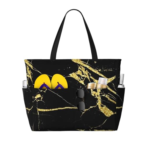 Sac de plage imprimé noir doré avec poignées, cabas chic et grand sac à bandoulière