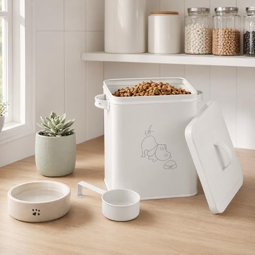 SOUJOY Pet Treat and Food Storage Bin with Lid and Scoop, 5LBS White Vintage Farmhouse Storage Tin, Coated Carbon Steel Canister, Gift for Dogs Owners by SOUJOY - Image 8