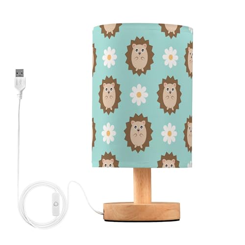YYZZH Table Lamp Cute Hedgehog Daisy Flower Pattern on Blue Nightstand Lamp with Wood Base Fabric Lamp Shade Bedside Desk Lamp for Living Room Bedroom Kids Room Office