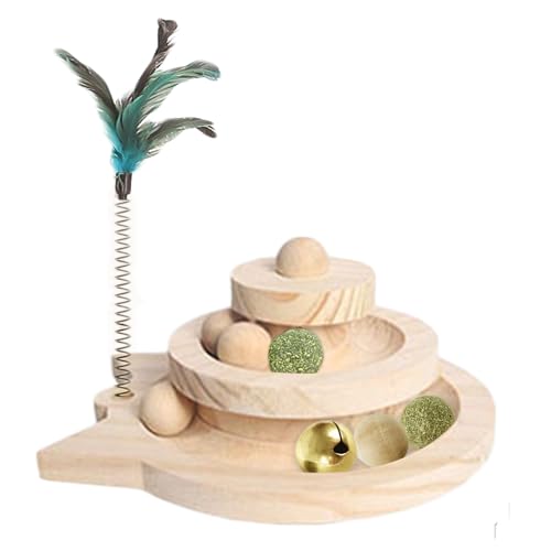 Honicemar Torre a 2 Strati per Gatti in Legno - Giocattoli Interattivi con 3 Tipi di Palline per Divertimento ed Esercizio Fisico e Mentale al Chiuso
