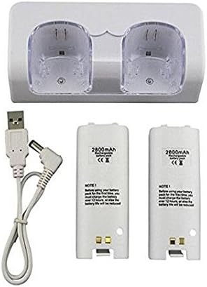 Dual Charging Station Charger Dock Station + 2 Rechargeable Batteries LED Lights for Wii / Wii U Remote Control, White (Original Wii Controllers Not Included)