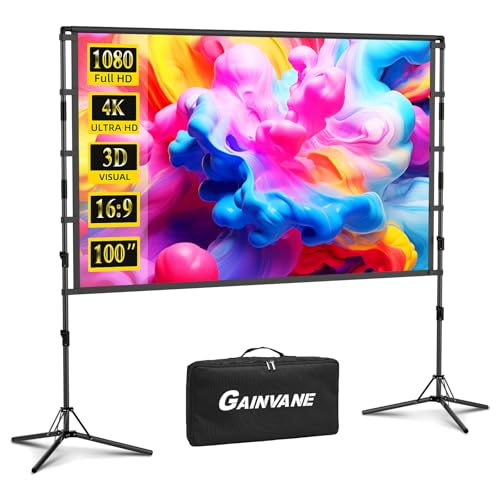 100-Inch Portable Projector Screen with Stand - Indoor Outdoor Movie Screen for Home Theater, Backyard & Classrooms | 16:9 4K HD Lightweight Projection Screen | Includes Carry Bag for Travel & Camping by GAINVANE - Used condition - US$40.92